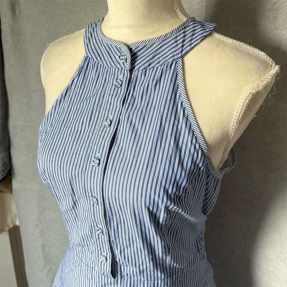 Parker Size 8 Halter Blue Striped Fit & Flare Cotton Above Knee Length Dress - Picture 6 of 7